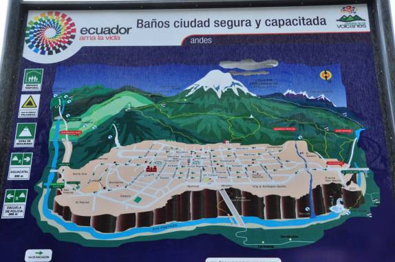 Mapa estilizado de Baños, no Equador, com o vulcão Tungurahua ao fundo